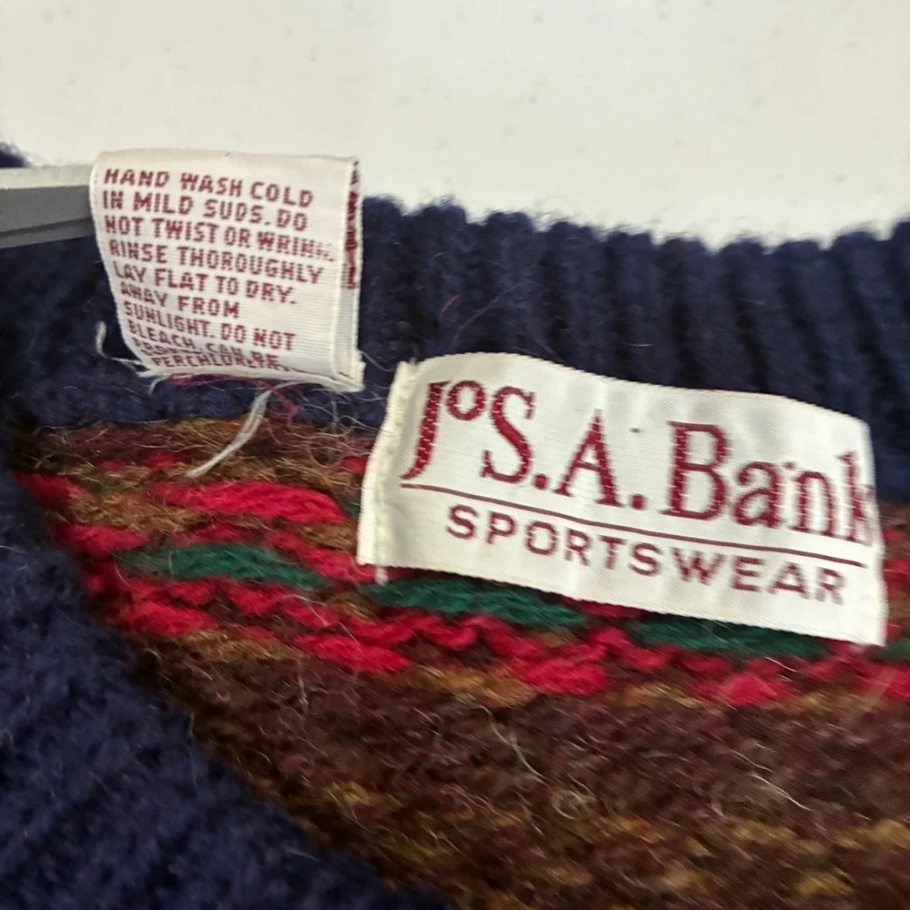 Vintage Jos A Bank Sweater Mens Large Shetland Wool Fair Isle Grandpa Preppy
